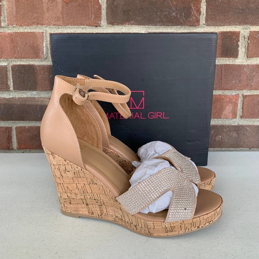 Material Girl Brettra2 Nude Bling Ankle Strap Wedge Sandals Women's US size 8.5M